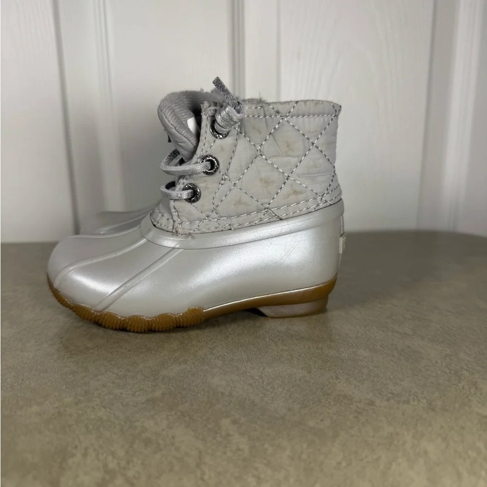 Sperry Silver Saltwater Duck Rain Boots Toddler Lace Up Metallic Size 6m